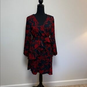 Elegant Black and Red Floral Long Sleeve Dress